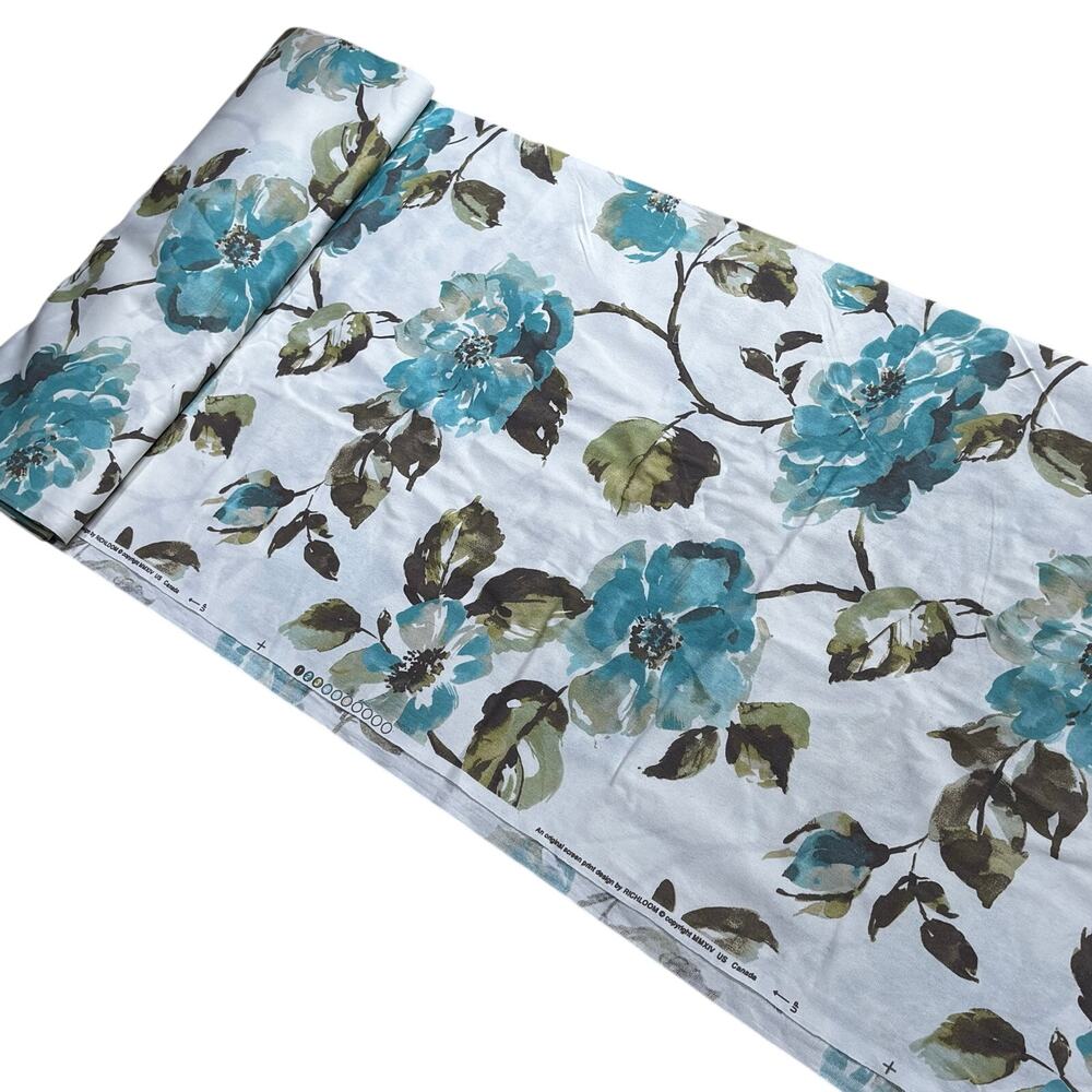 Richloom decorator fabric 10 YD remnant aqua blue & khaki green floral print